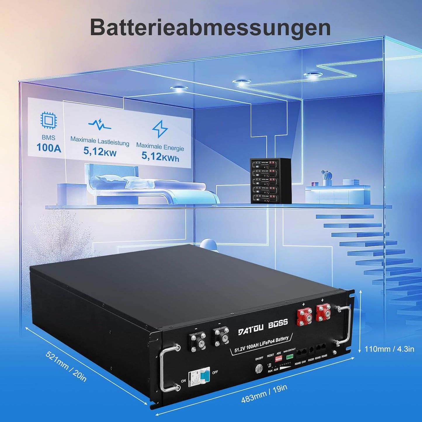 Batería de fosfato de hierro y litio (LiFePO4), 48 V y 100 Ah, BMS integrado