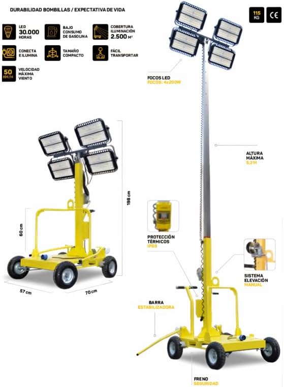 Torre de Iluminación LED Móvil, Alcance de 2500 m²