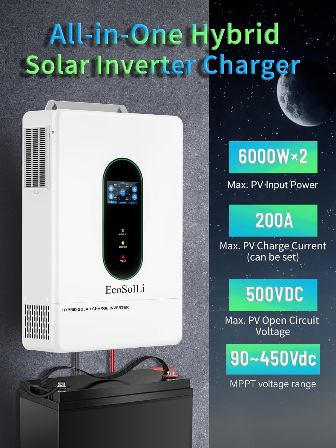 Inversor solar de fase dividida, 12000 W, DC 48 V, 120 V/240 V AC entrada/salida ajustable