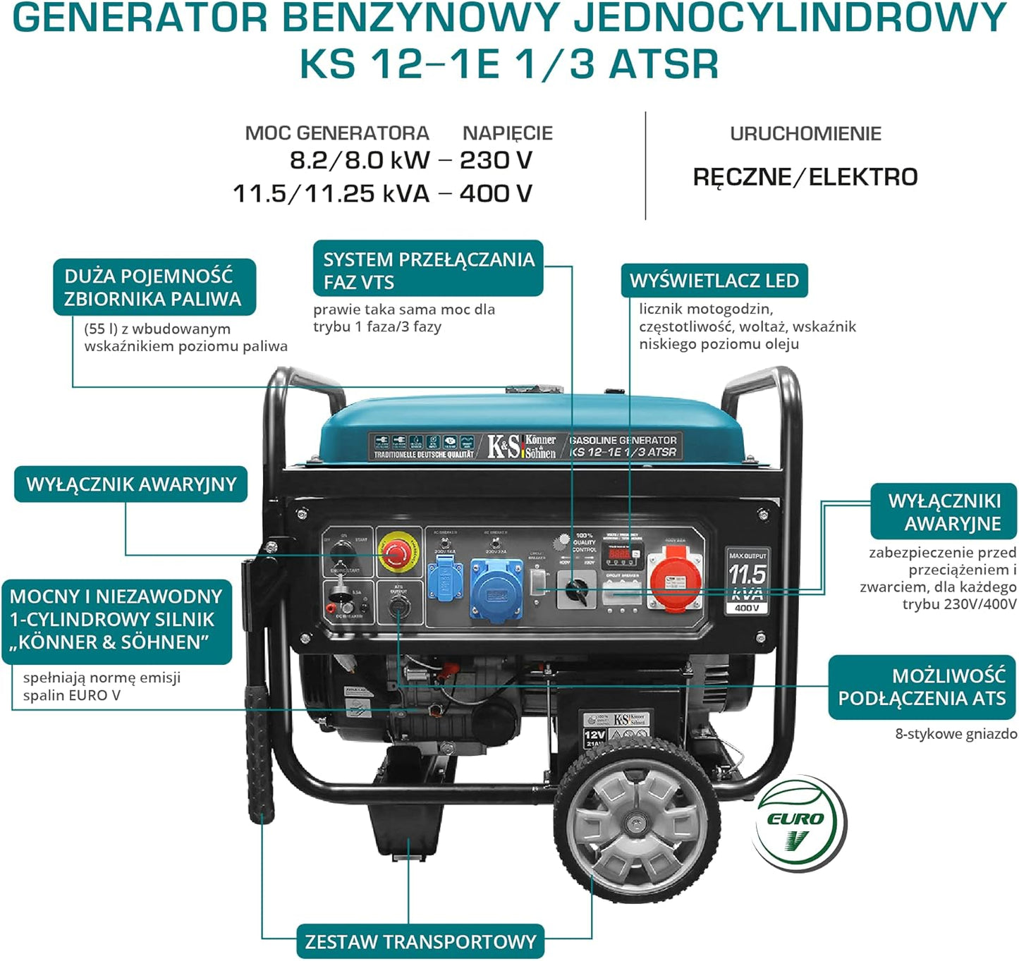 Generador de corriente 18,5 CV Motor de gasolina 1 cilindro 4 tiempos con cobre