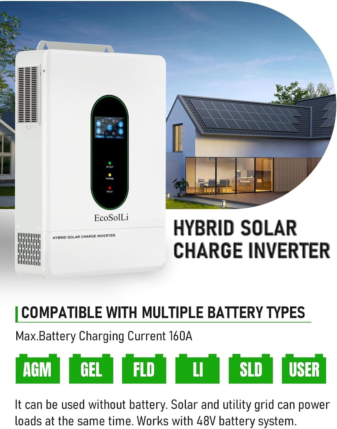 Inversor solar de fase dividida, 12000 W, DC 48 V, 120 V/240 V AC entrada/salida ajustable