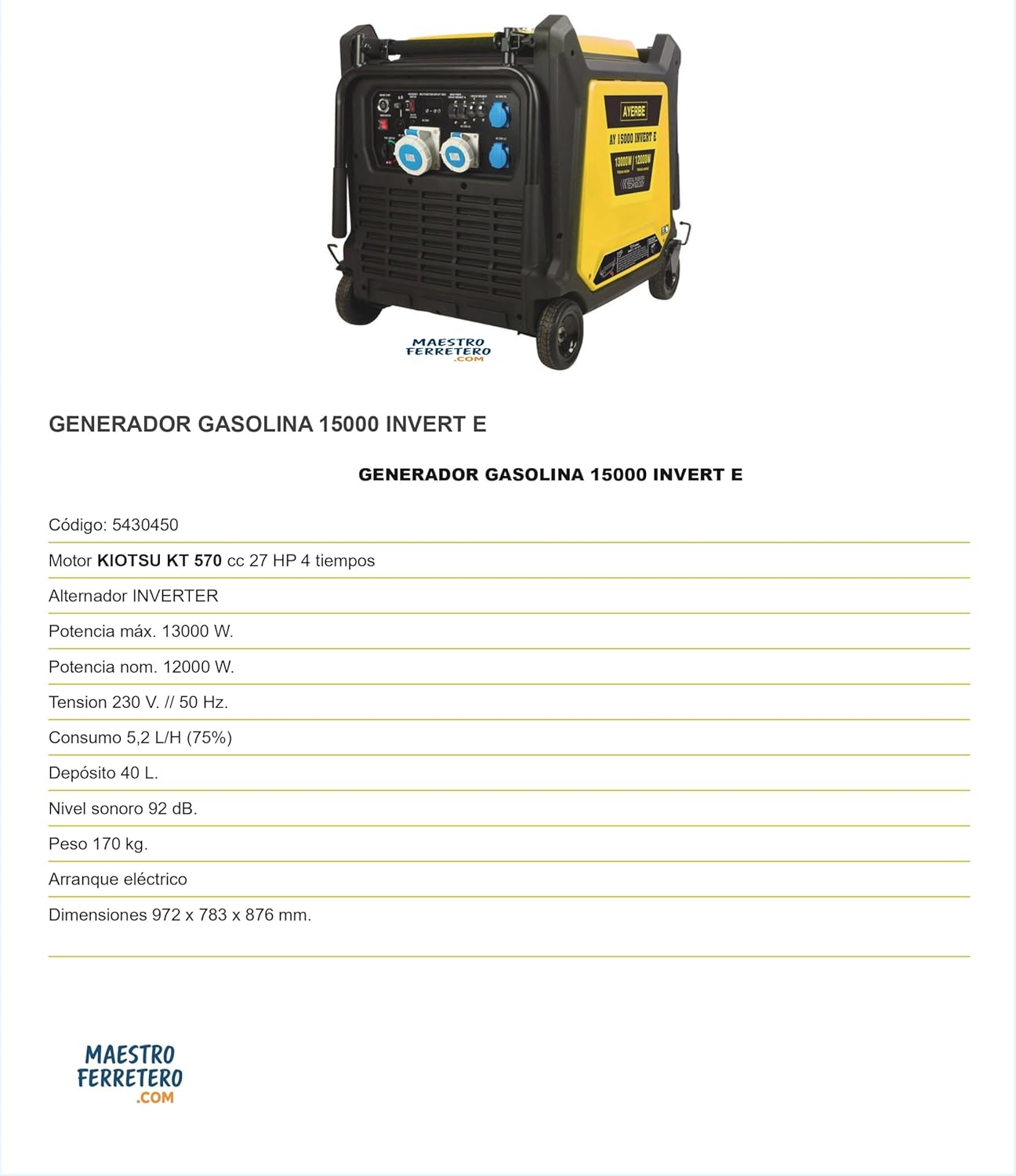 Generador inverter gasolina 13000 W con motor Kiotsu 27 HP&nbsp;