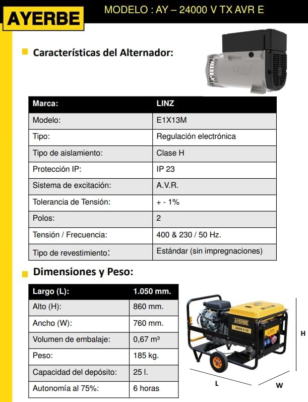 Generador gasolina ayerbe 24000 tx avr arranque electronico