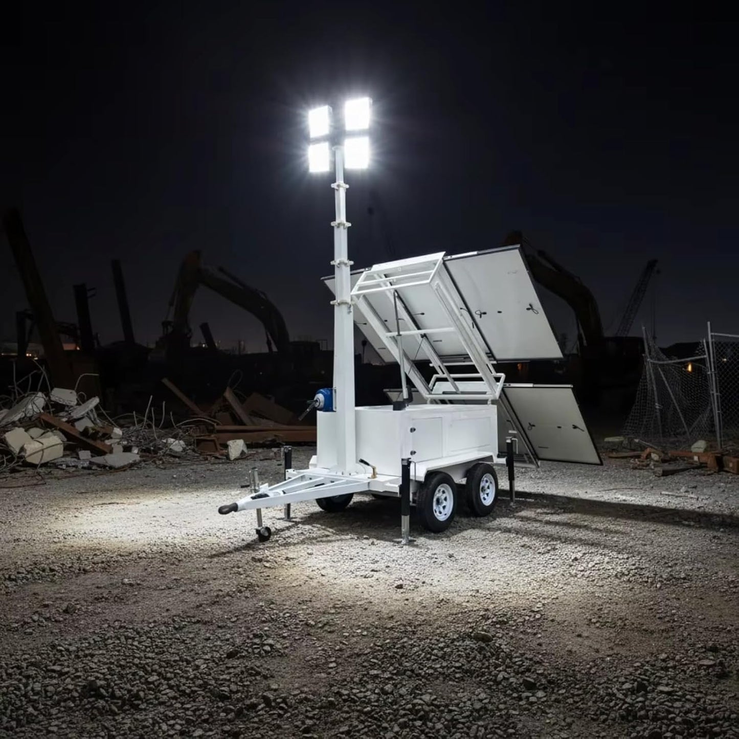Torre de iluminación solar móvil resistente, sistema de iluminación móvil todo terreno