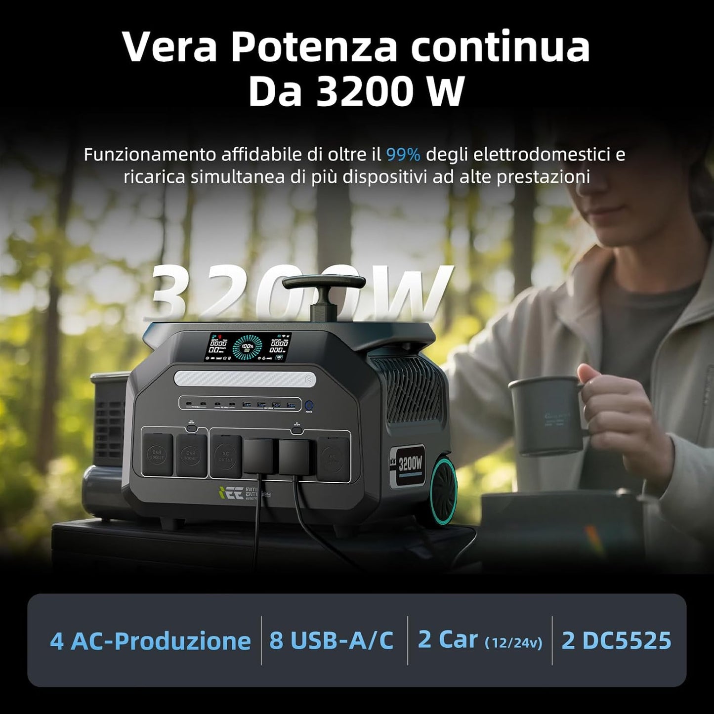 Estacion de Energia Portatil P3200 con Panel Solar da 200W, 2048Wh Generador Solar